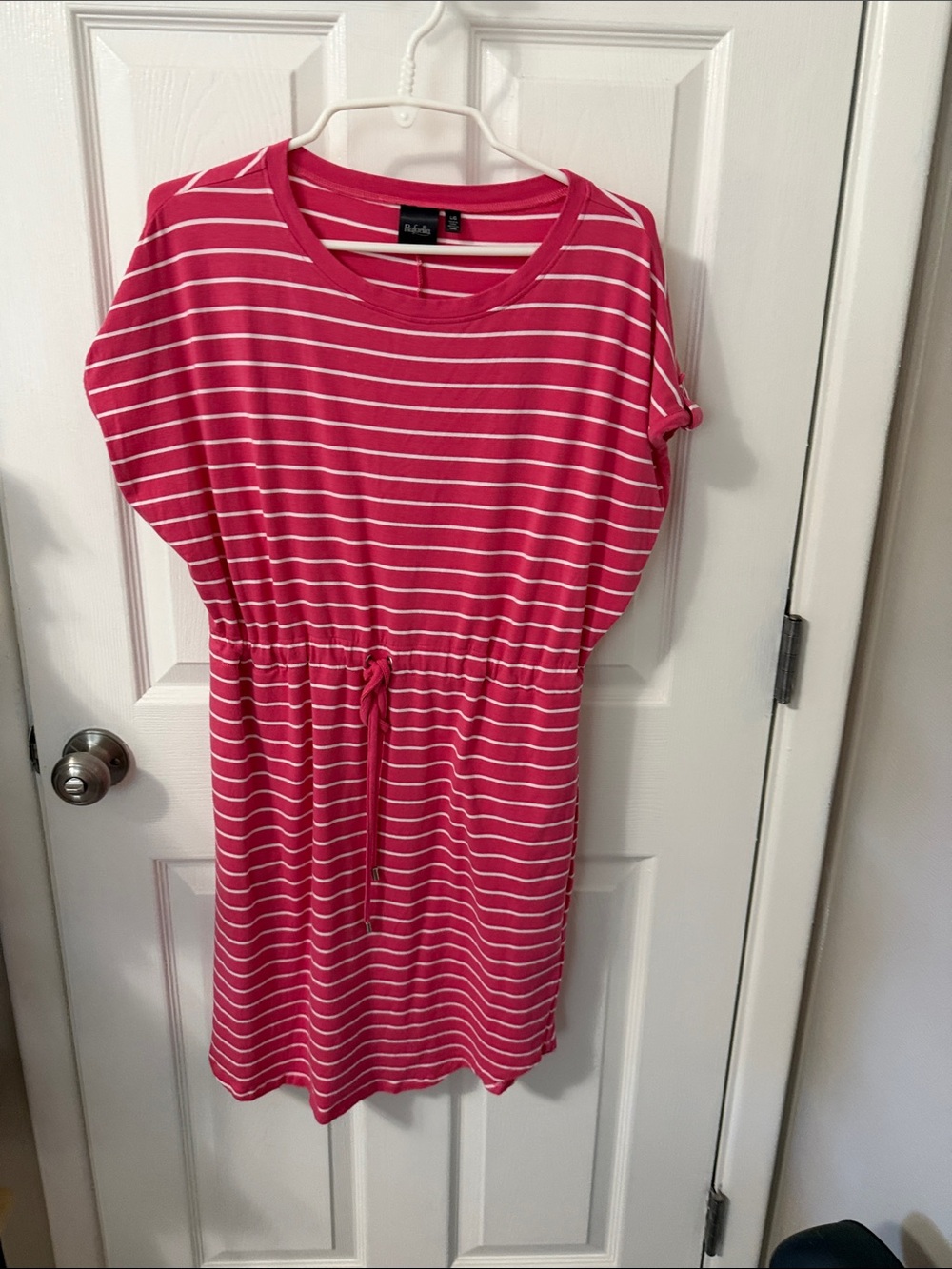 Rafaella Pink and White Striped Roll-Tab Sleeve Tee Dress